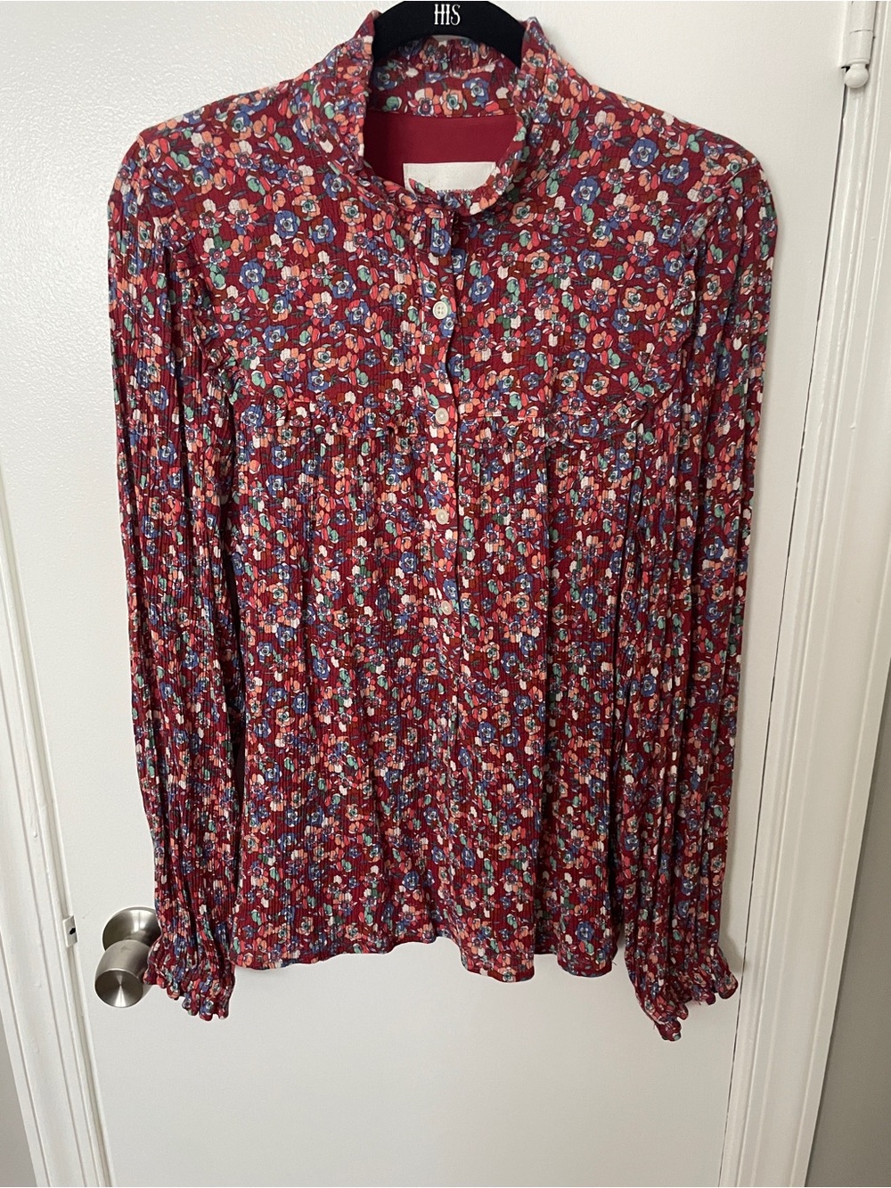 Anthropologie Burgundy Floral Pleated Long-Sleeve Blouse